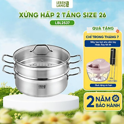 Xửng hấp 2 tầng Lebenlang LBL2537 và LBL2538, size 26, 28cm, vung kính, dùng cho mọi loại bếp - hàng chính hãng