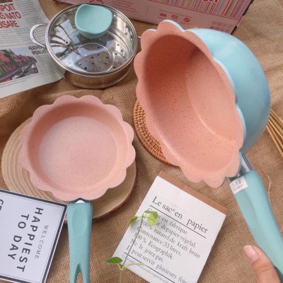 Bộ nồi chảo đá hình hoa cho bé ăn dặm cao cấp chống dính kèm lồng hấp nấu chế biến đồ gia đình dùng được bếp từ