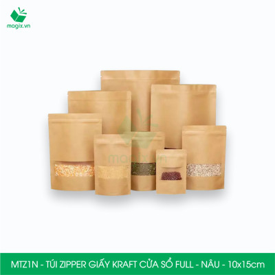 MTZ1N - 10x15cm - Combo 50 Túi Zipper giấy Kraft Nâu đáy đứng có cửa sổ
