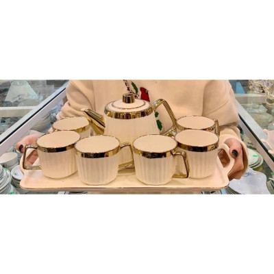 BỘ ẤM CHÉN KÈM KHAY SỨ PHA TRÀ CÀ PHÊ TRẮNG VIỀN VÀNG VÂN TĂM