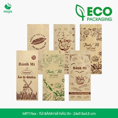 Combo 100 Túi bánh mì Nâu 24x9.5x4.5 cm - In sẵn họa tiết nhiều mẫu - Bao bánh mì Túi giấy thực phẩm an toàn