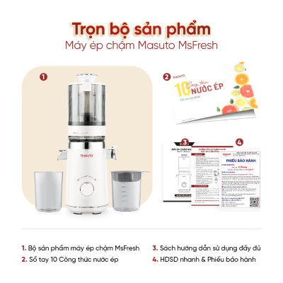Máy ép chậm Masuto MS Fresh công suất 150W ống tiếp nguyên liệu cực lớn 120mm ép kiệt bã giữ trọn dưỡng chất - Hàng chính hãng