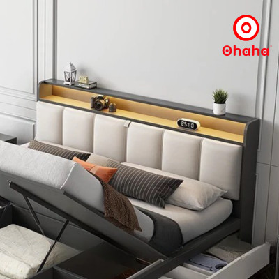 [Miễn phí vận chuyển & lắp đặt] Giường ngủ thông minh cao cấp bọc nệm đầu giường có hộc kéo gỗ công nghiệp Ohaha - GN017