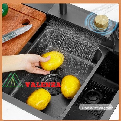 Bồn chậu rửa chén bát 1 hố lớn nano đen Valenza kèm vòi liền thác nước + vòi rút dây 3 chế độ, 2 khay phụ inox, thớt gỗ, bộ xả to-Hàng chính hãng