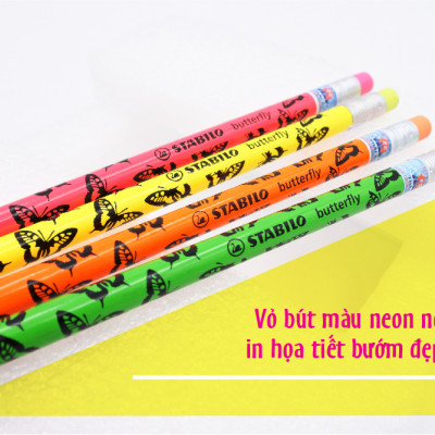 Hộp bút chì gỗ STABILO butterfly 2B hình bươm bướm, có đầu tẩy - Hộp 12 bút thân màu hồng,có đầu tẩy + Gôm tẩy ER198 (PC4920P/12-2B+)