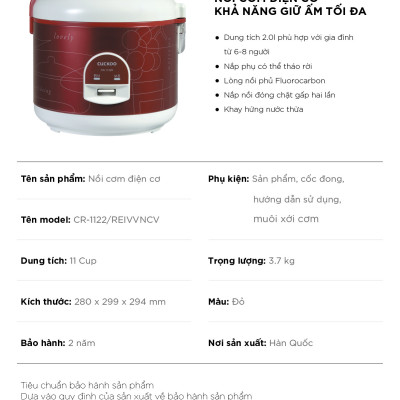 Nồi cơm điện Cuckoo 2.0L CR-1122 Màu đỏ - Giữ ấm tối đa, lòng nồi chống dính- Phiên bản Quốc tế - Hàng chính hãng Cuckoo Vina