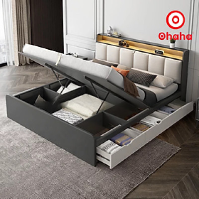 [Miễn phí vận chuyển & lắp đặt] Giường ngủ thông minh cao cấp bọc nệm đầu giường có hộc kéo gỗ công nghiệp Ohaha - GN017