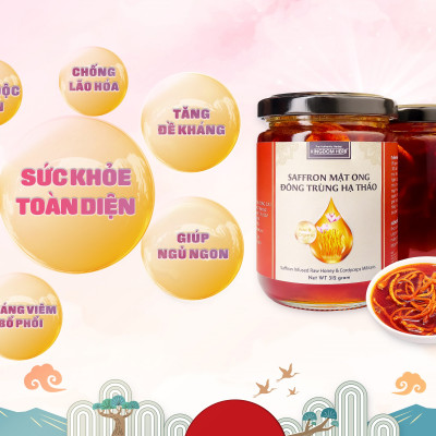 Mật ong saffron đông trùng hạ thảo Kingdom Herb chính hãng thượng hạng hộp 50g (tặng bình thuỷ tinh và cây lấy mật)