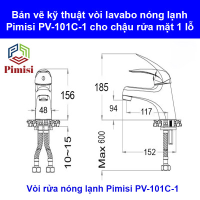 Vòi chậu rửa mặt nóng lạnh Pimisi cho chậu lavabo 1 lỗ bằng đồng thau - mạ crom, niken sáng bóng dùng trong nhà tắm - điều chỉnh nước bằng gật gù nóng lạnh gắn trên bồn chậu rửa mặt treo tường - bàn đá - mặt trên chậu rửa | Hàng chính hãng