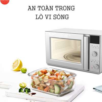 Bộ 4 hộp đựng cơm trữ thức ăn thực phẩm thủy tinh chịu nhiệt 2 hộp chữ nhật 370ml và 2 hộp tròn 400ml -CCR4L34