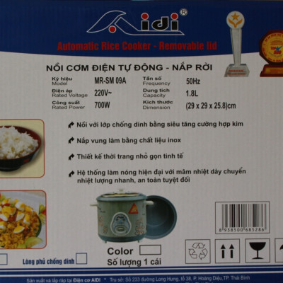 Nồi Cơm Điện Tự Động Nắp Rời Aidi MR-SM 09A (1,8 lít) - Màu Ngẫu Nhiên - Chính Hãng