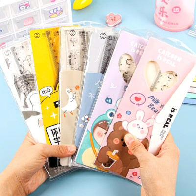 Bộ thước kẻ 4 món - túi đựng nhựa trong hoạt hình dễ thương - Giao mẫu ngẫu nhiên