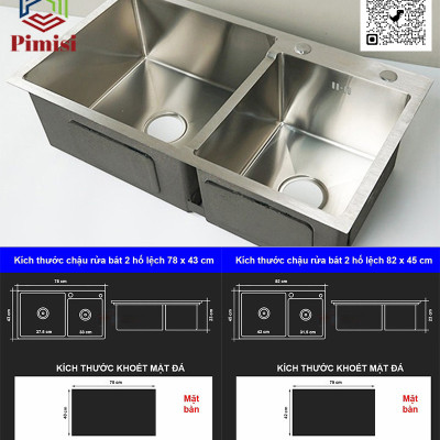 Chậu rửa chén bát inox 304 Pimisi đúc 2 hốc lệch, kích thước bồn rửa bát 78 x 43 - 82 x 45 cm làm từ thép không gỉ sus 304 đầy đủ xi phông loại to và kèm rổ đựng đồ dùng để rửa chén bát gắn được cả âm - dương bàn đá bếp | Hàng chính hãng
