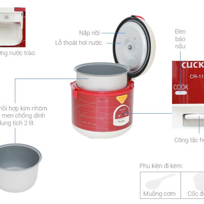 Nồi cơm điện Cuckoo 2.0L CR-1122 Màu đỏ - Giữ ấm tối đa, lòng nồi chống dính- Phiên bản Quốc tế - Hàng chính hãng Cuckoo Vina