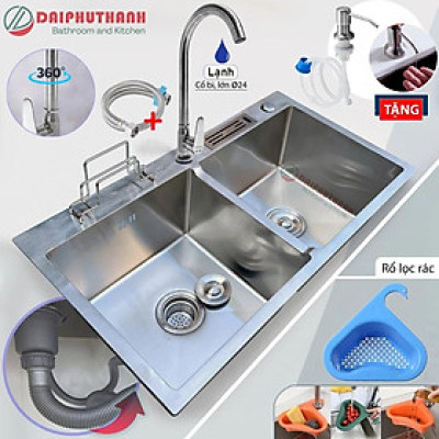 COMBO Chậu Rửa Bát Inox 2 Hộc 82x45cm Đa Năng Kèm Vòi - Chậu đủ xi phông, 2 lựa chọn vòi, tặng 2 món phụ kiện