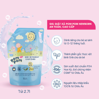 Nước giặt xả cho bé Pom Pom Newborn túi 2700 ml