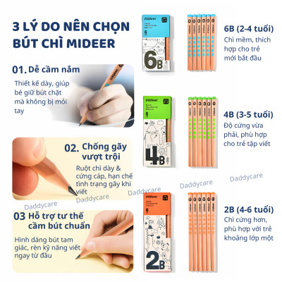 Bộ bút Chì 2B 4B 6B hộp 6 bút chì Mideer Thick Triangular Pencils, Đồ dùng học tập