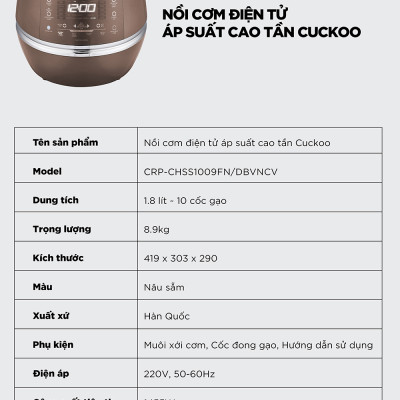 Nồi cơm điện tử áp suất cao tần Cuckoo 1.8L CRP-CHSS1009FN (Màu nâu) - Hàng chính hãng