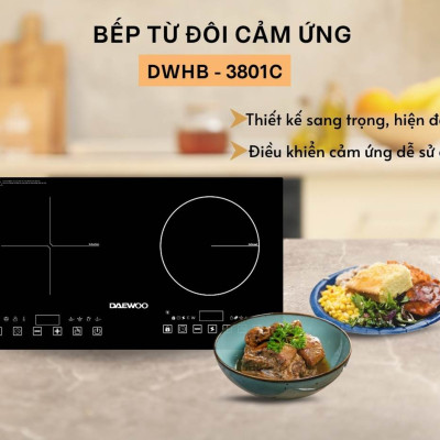 Bếp Đôi Điện Từ Hồng Ngoại Daewoo DWHB-3801C, mặt kính pha lê bóng 3800W, phù hợp mọi loại nồi - Hàng chính hãng