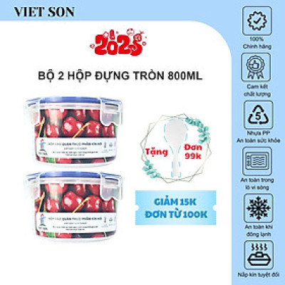 Bộ 2 Hộp Tròn Đựng Thực Phẩm VIETSON 800ml Nắp Khóa 4 Cạnh Kín Hơi