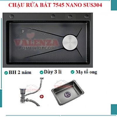 Chậu rửa bát inox304 chống xước 7546 nano đen dày 3li, vòi rửa bát nóng lạnh rút dây nano, bộ xả, khay inox, dụng cụ rửa ly cốc, bình rửa bát