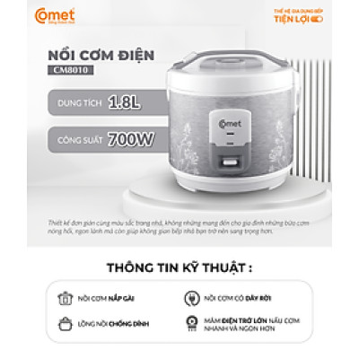 Nồi cơm điện nắp gài 1.8L COMET - CM8010 – Thiết kế nhỏ gọn, mâm nhiệt rộng, dễ sử dụng – Bảo hành 12 tháng - Hàng chính hãng