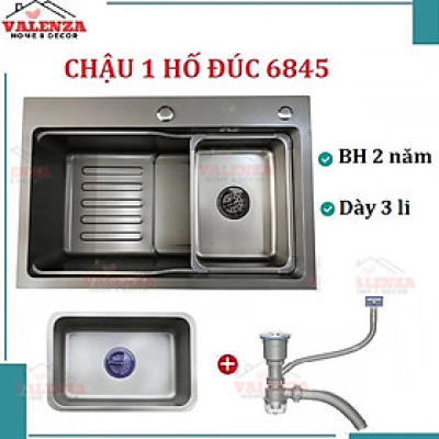 Chậu rửa bát 1 hố 6845 Valenza inox 304 nano đen dày 3li kèm khay đựng, bộ xả, rổ lnox lỗ-Hàng đẹp