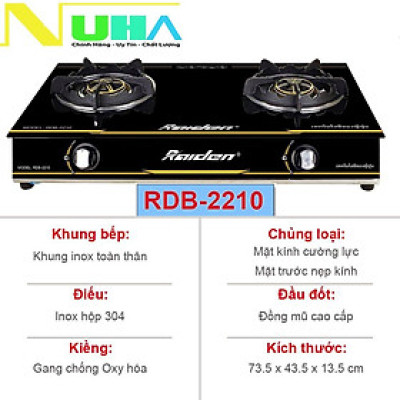 Bếp ga đôi kiếng cường lực Raiden RDB2210, đầu đốt đồng mũ coa cấp, kiềng gang-Hàng chính hãng