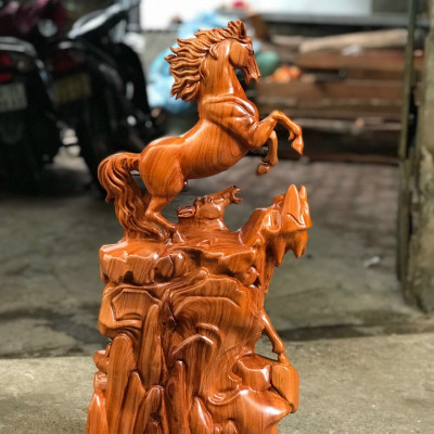 Tượng con ngựa song mã uyên ương bằng gỗ hương đá kt 30×12×7cm