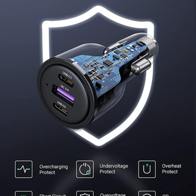 Ugreen UG20467CD239TK 69w 2 cổng Type C + 1 usb A Bộ sạc nhanh 3 cổng điện thoại trên ô tô màu đen - HÀNG CHÍNH HÃNG