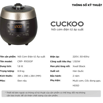 Nồi cơm điện tử áp suất Cuckoo 1.8 lít CRP-R1000F màu đen - lòng nồi chống dính cao cấp phủ Xwall Diamond -Sản xuất tại Hàn Quốc - bản Quốc Tế tiếng Anh - Hàng chính hãng Cuckoo Việt Nam