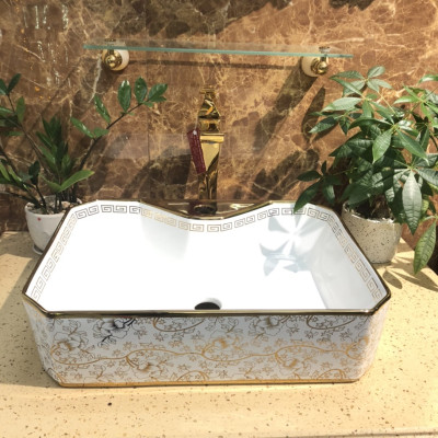 CHẬU RỬA MẶT, LAVABO TRẮNG HỌA TIẾT VÀNG VIỀN VÀNG NHẬP KHẨU CHÍNH HÃNG GROVES CAO CẤP 8170HB