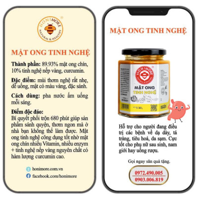 Combo 3 hũ Mật ong rừng tinh nghệ Honimore 360g  - giúp hỗ trợ cải thiện dạ dày