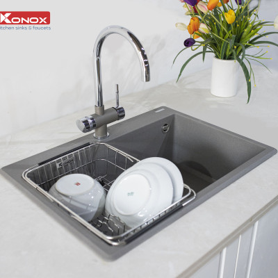 Chậu rửa bát Konox, Granite Series, Model Ruvita 680, Full set gồm Siphon+Giá úp bat Made in Italy, 680*500*200(mm), Hàng chính hãng