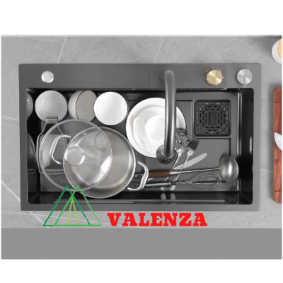 Bồn chậu rửa chén bát 1 hố lớn nano đen Valenza kèm vòi liền thác nước + vòi rút dây 3 chế độ, 2 khay phụ inox, thớt gỗ, bộ xả to-Hàng chính hãng