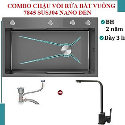 Chậu rửa bát inox304 chống xước 7845 nano đen, vòi Vuông nóng lạnh, bộ xả, khay inox, dụng cụ xịt ly cốc, bình rửa bát
