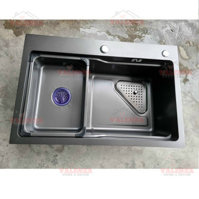 Chậu rửa bát 1 hố 6845 Valenza inox 304 nano đen dày 3li kèm khay đựng, bộ xả, rổ lnox lỗ-Hàng đẹp