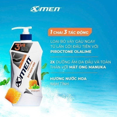 Tắm Gội Dưỡng Xmen Clean & Fresh 3in1 Sạch Gàu Chai 610g