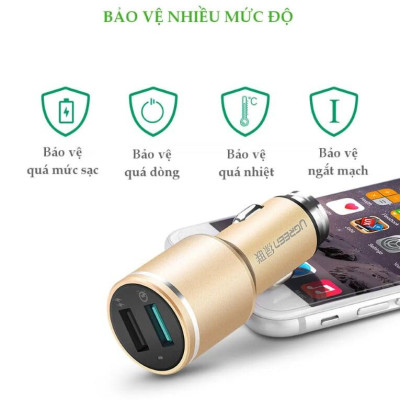 Ugreen UG30514CD130TK 48W màu Vàng Bộ sạc ô tô 2 cổng USB 2.4A + QC 3.0 - HÀNG CHÍNH HÃNG