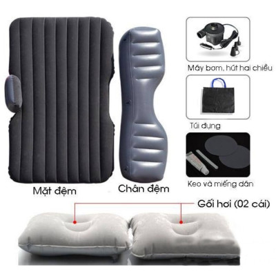 Giường nệm hơi ô tô xe hơi cao cấp dày loại 1 mặt nhung thoáng mát đế rời đi kèm bơm điện và bộ gối - Đen