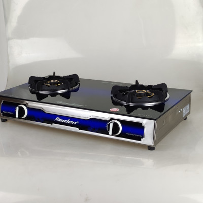 Bếp ga đôi kiếng cường lực Raiden RDB2280, đầu đốt đồng mũ nguyên khối lửa xanh, kiềng gang-Hàng chính hãng