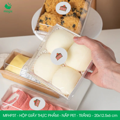 MFHP3T - 20x12.5x6 cm - 50 hộp giấy thực phẩm màu trắng nắp Pet, hộp giấy chữ nhật đựng thức ăn, hộp bánh nắp trong