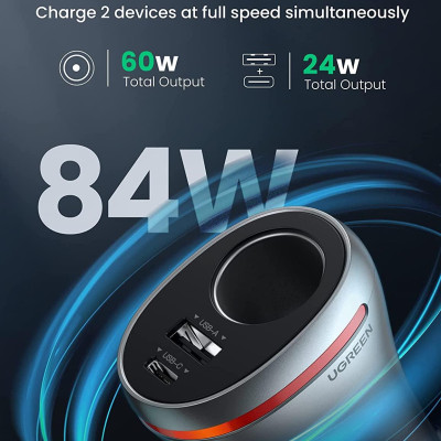 Ugreen UG60712CD204TK 84W sạc xe PD QC3.0 cổng USB A và Type C màu bạc chuẩn quick charge 3 - HÀNG CHÍNH HÃNG
