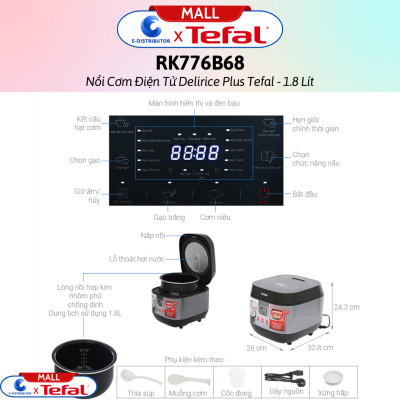 Nồi cơm điện tử Tefal 1.8 lít Delirice Plus RK776968- Hàng Chính Hãng - Dung tích:  1.8 lít, Số người ăn 4 - 6 người Công suất:  750W