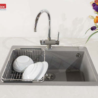 Chậu rửa bát Konox, Granite Series, Model Ruvita 680, Full set gồm Siphon+Giá úp bat Made in Italy, 680*500*200(mm), Hàng chính hãng