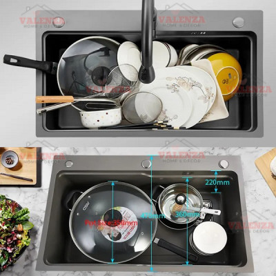 Chậu rửa bát 1 hố 6845 Valenza inox 304 nano đen dày 3li kèm khay đựng, bộ xả, rổ lnox lỗ-Hàng đẹp