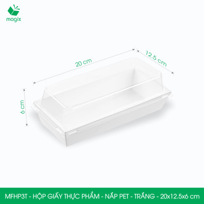 MFHP3T - 20x12.5x6 cm - 50 hộp giấy thực phẩm màu trắng nắp Pet, hộp giấy chữ nhật đựng thức ăn, hộp bánh nắp trong