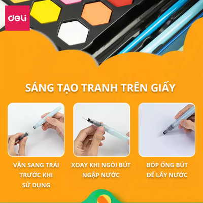 Bộ Màu Nước Nén Water Color Cao Cấp 24 36 48 Màu Tặng Bút Lông Nước, Mút, Cọ, Tẩy, Bút Chì, Gọt, Màu Trắng Deli - Chuyên Dùng Cho Học Sinh, Sinh Viên, Vẽ Mĩ Thuật Chuyên Nghiệp