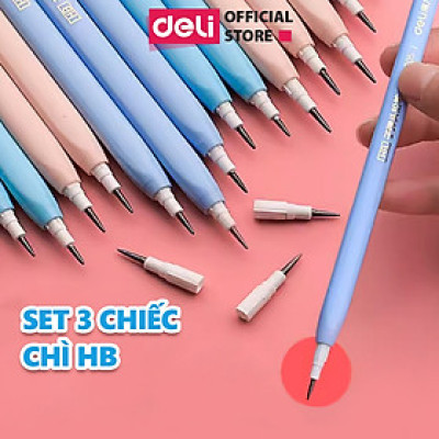 Set 3 bút chì khúc học sinh HB Deli màu pastel ngẫu nhiên có thể thay thế ngòi, an toàn cho trẻ em khi sử dụng