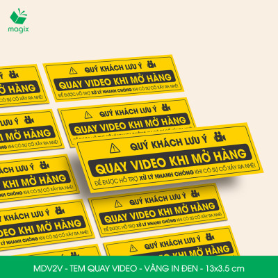 500 Tem chú ý quay video trước khi mở hàng, decal dán hộp - 13x3,5 cm - Vàng in đen - MDV2V